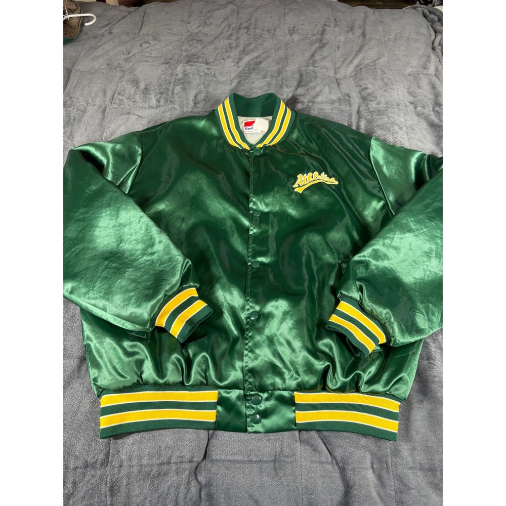 Vintage Swingster Oakland Athletics Satin Bomber Jacket Mens XL Green MLB USA